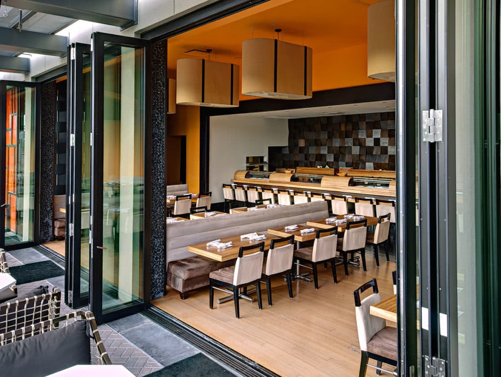 A view of the contemporary-looking restaurant dining room.