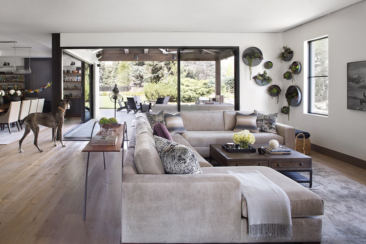 Two large multi-slide doors that meet in a corner are wide open with a dog looking outside, connecting the living room and dining room to a covered outdoor seating area.