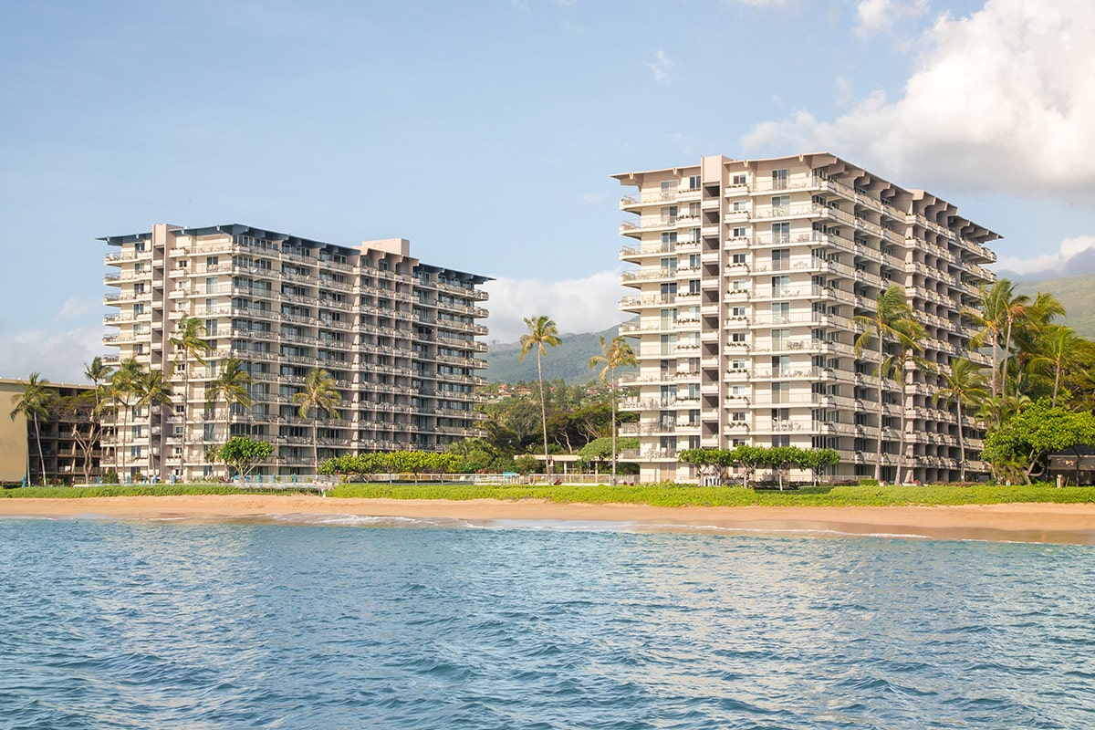 A beachfront view of both hotel buildings.
