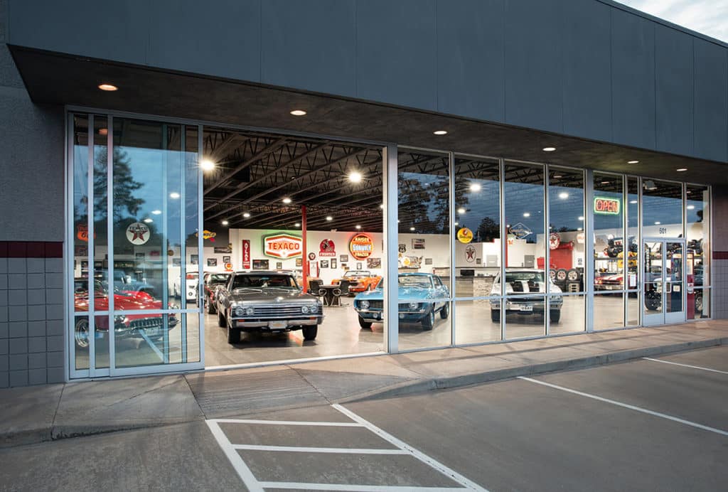 The massive panels of the Series 600 Multi-Slide doors allow vehicles to be driven in and out of the showroom.