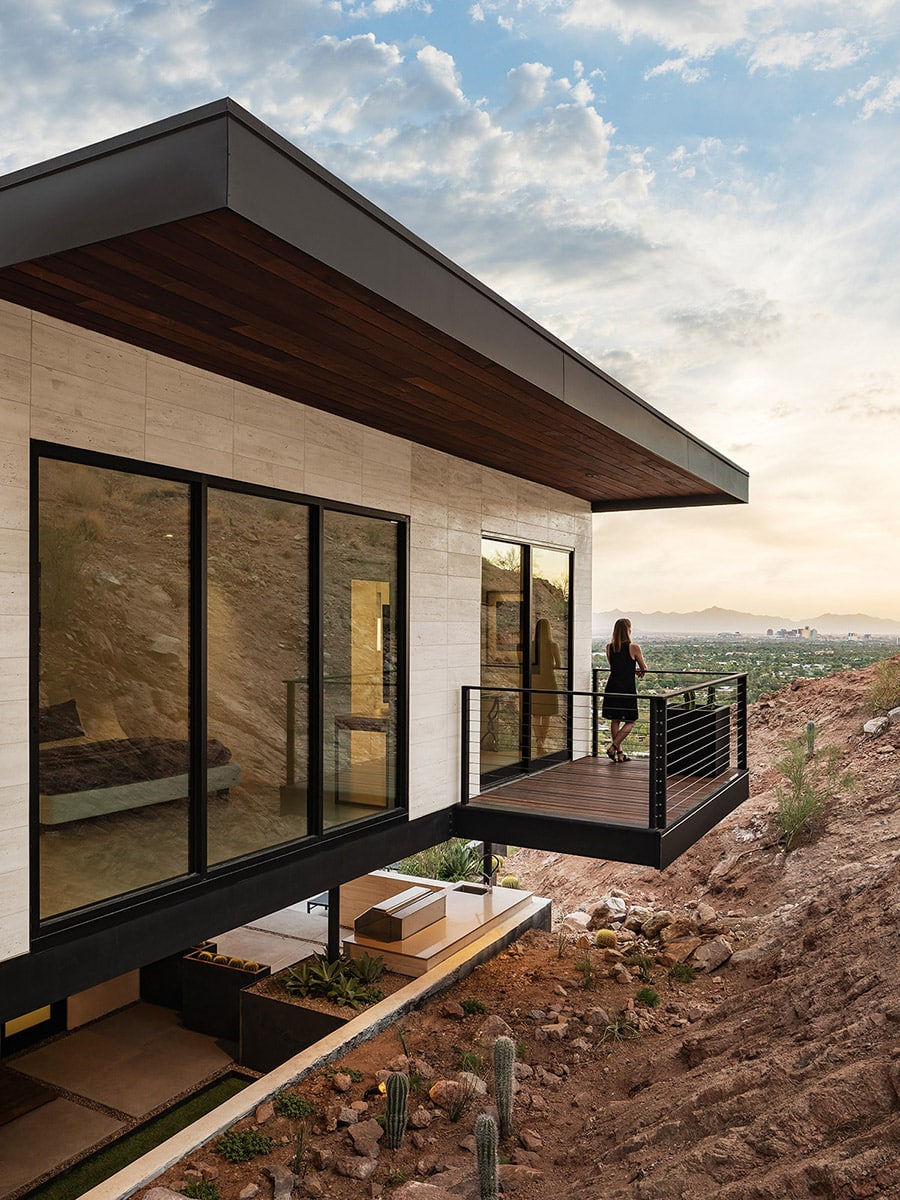 The second-floor bedroom balcony oversees Camelback Mountain and the valley beyond.