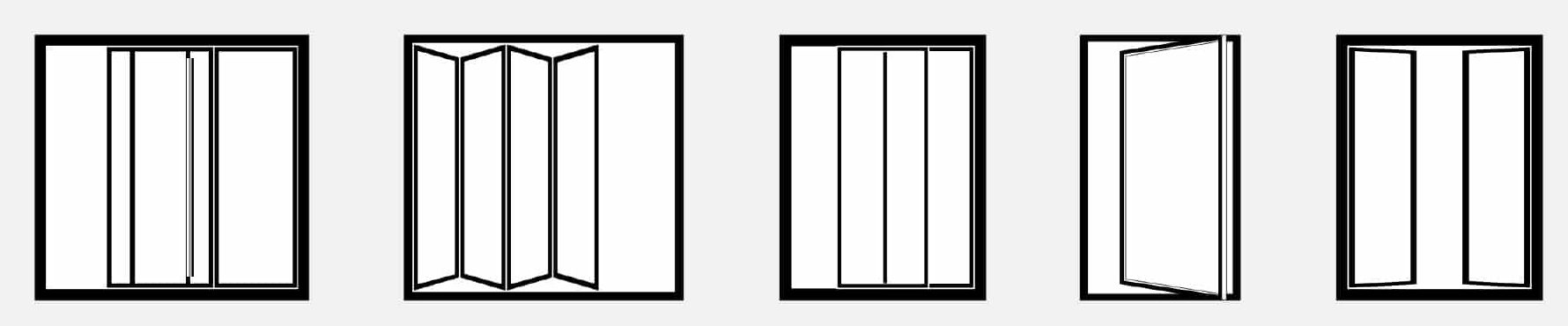 Icons of a multi-slide door, bifold door, sliding door, pivot door, and hinged door.