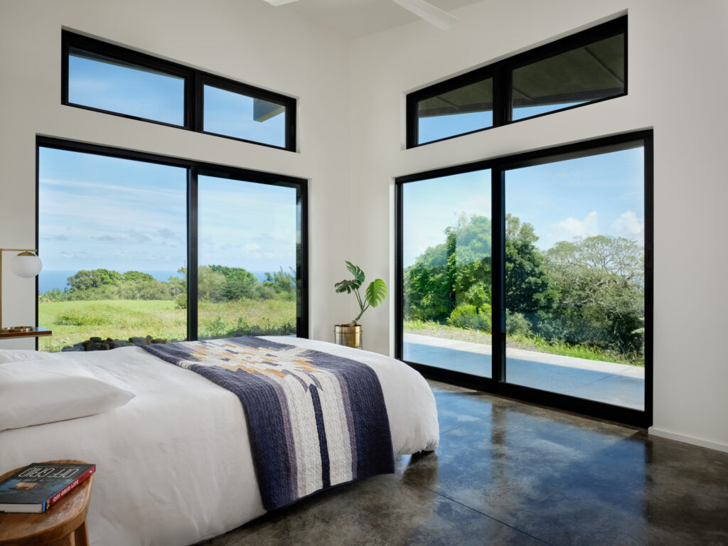 Two sliding glass doors in bedroom