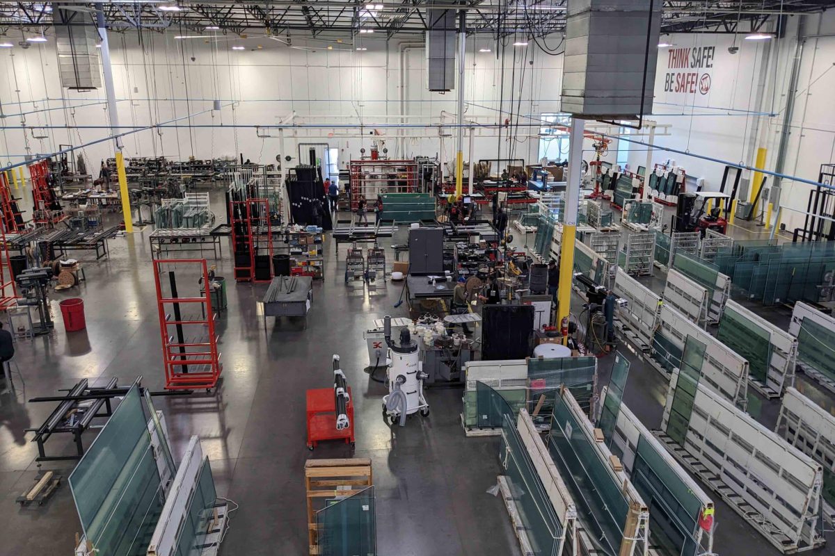 A top-down view of the shop floor at Western Window Systems.